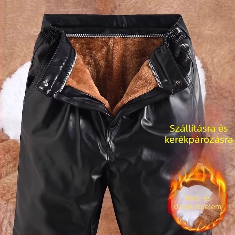 PU bőr motoros nadrág deréktáji és térdvédővel, fleece béléssel, szél- és vízálló, téli meleg