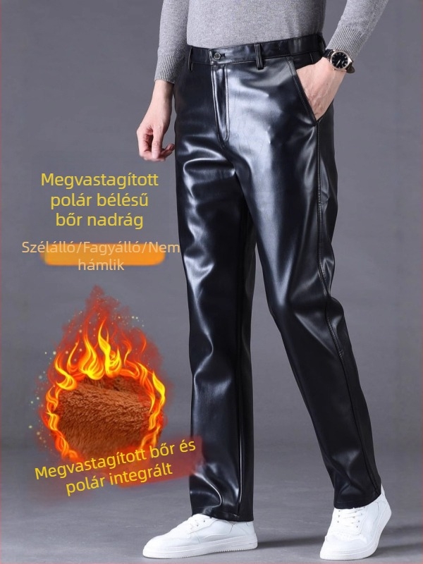 Férfi PU bőrből készült nadrág, bolyhos béléssel, laza szabású, vízálló, olaj- és szélálló, meleg és tartós munkás nadrág