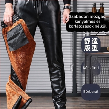 Férfi PU műbőr slim-fit nadrág téli belső fleece-vel, magas derék, húzózsinóros derék