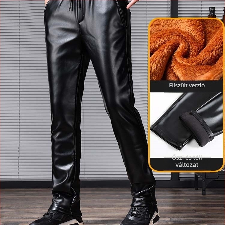 Férfi PU műbőr slim-fit nadrág téli belső fleece-vel, magas derék, húzózsinóros derék