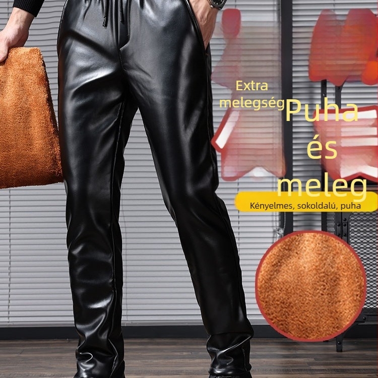 Férfi PU műbőr slim-fit nadrág téli belső fleece-vel, magas derék, húzózsinóros derék