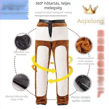 Férfiaknak PU bőr nadrág, fleece béléssel, téli vastag, magas derék, szél- és vízálló, egyenes szabású
