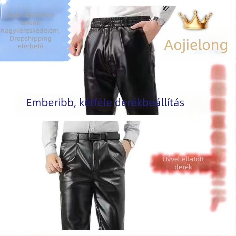 Férfiaknak PU bőr nadrág, fleece béléssel, téli vastag, magas derék, szél- és vízálló, egyenes szabású
