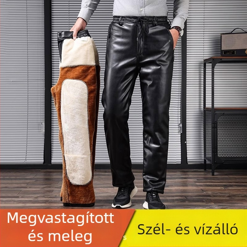PU bőr téli nadrág fleece béléssel, vastag, vízálló és szélálló, kerékpározáshoz és motorozáshoz, idős férfiak számára, laza szabású