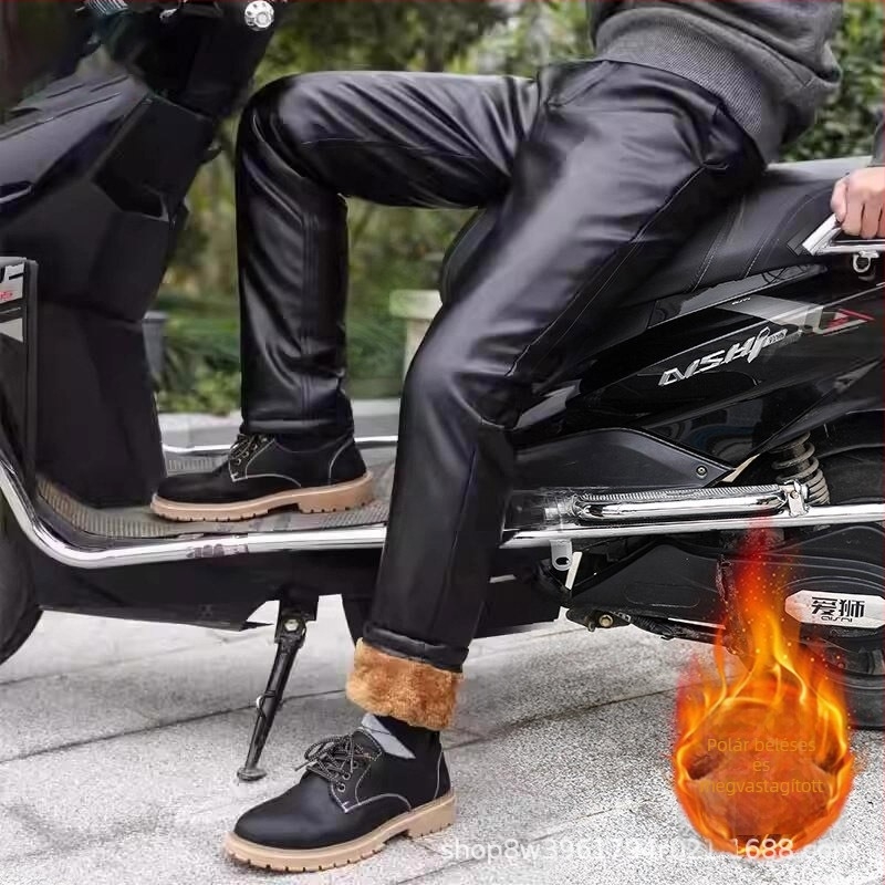 PU bőr téli nadrág fleece béléssel, vastag, vízálló és szélálló, kerékpározáshoz és motorozáshoz, idős férfiak számára, laza szabású