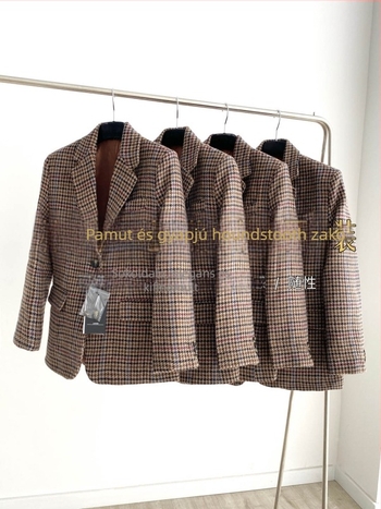 Női gyapjú blézer Houndstooth mintával, Regular szabás, V-nyak, hosszú ujjú, gyapjú-viszkóz keverék, 2023 ősz
