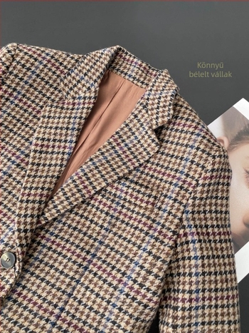Női gyapjú blézer Houndstooth mintával, Regular szabás, V-nyak, hosszú ujjú, gyapjú-viszkóz keverék, 2023 ősz