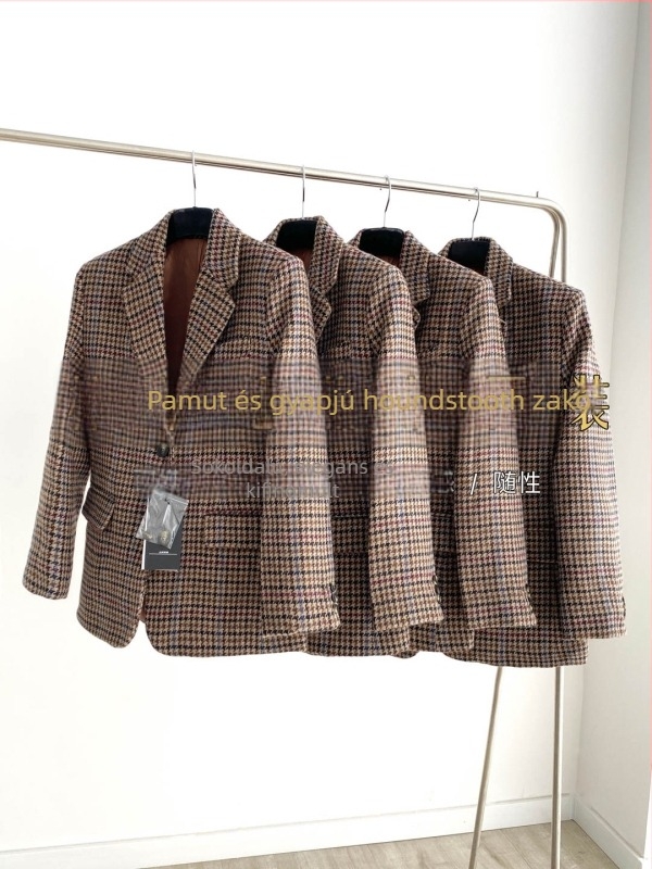 Női gyapjú blézer Houndstooth mintával, Regular szabás, V-nyak, hosszú ujjú, gyapjú-viszkóz keverék, 2023 ősz