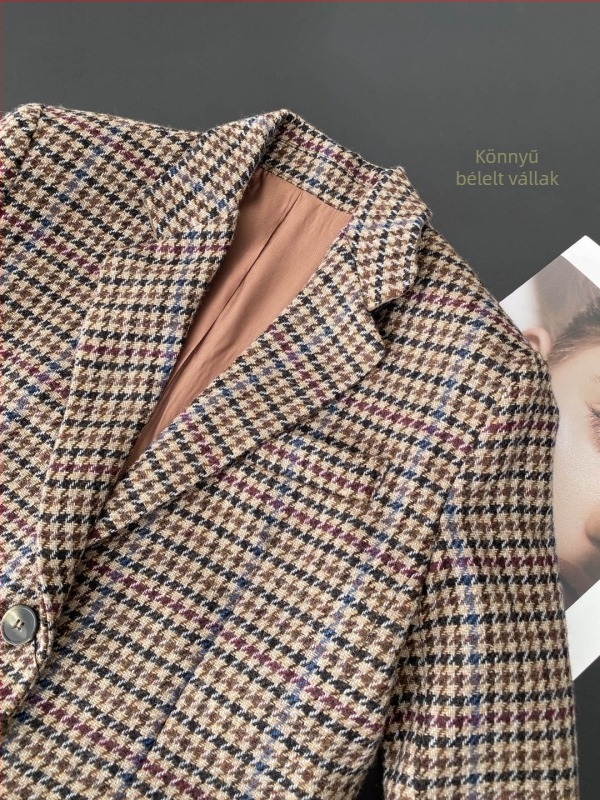 Női gyapjú blézer Houndstooth mintával, Regular szabás, V-nyak, hosszú ujjú, gyapjú-viszkóz keverék, 2023 ősz