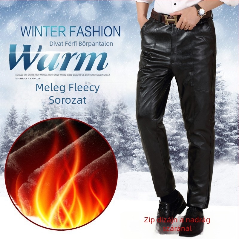 PU bőrnadrág, laza fazon, magas derék, fleece bélés, téli viselet