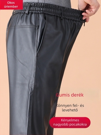 Idős férfiak számára szintetikus bőrből készült nadrág fleece béléssel, középmagas derekú, kényelmes szabású, téli viselet