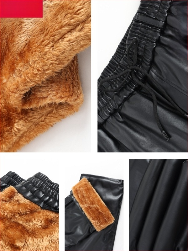 Idős férfiak számára szintetikus bőrből készült nadrág fleece béléssel, középmagas derekú, kényelmes szabású, téli viselet