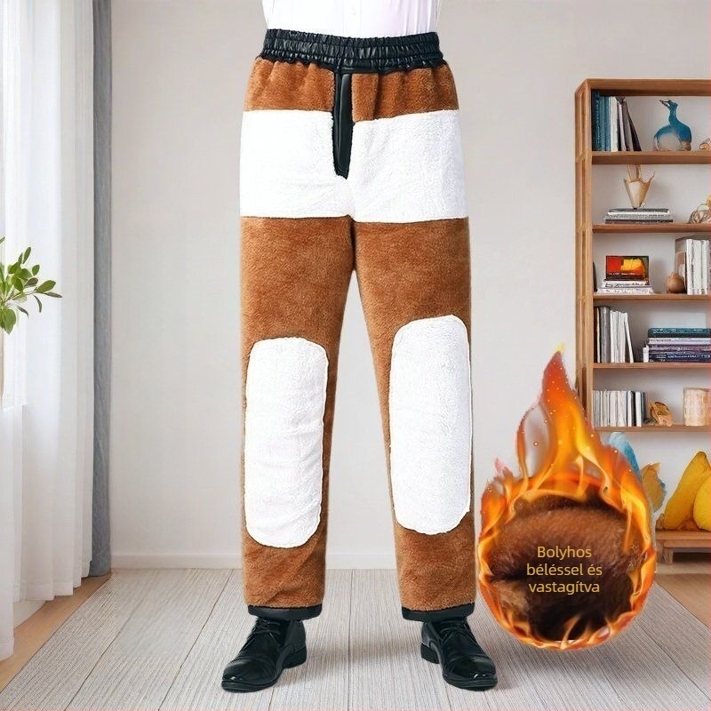 Férfi PU bőrből készült nadrág fleece-béléssel, vastag téli kivitel, magas derekú, szél- és vízálló, mindennapi viseletre