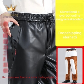 Férfi PU bőr nadrág, egyenes szabású, magas derék, téli vastag modell