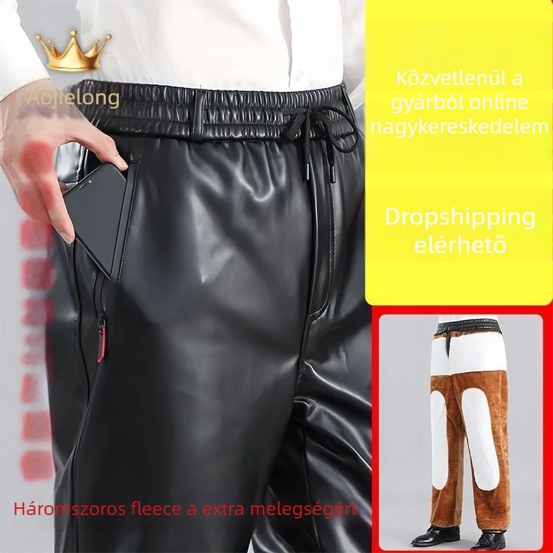 Férfi PU bőr nadrág, egyenes szabású, magas derék, téli vastag modell