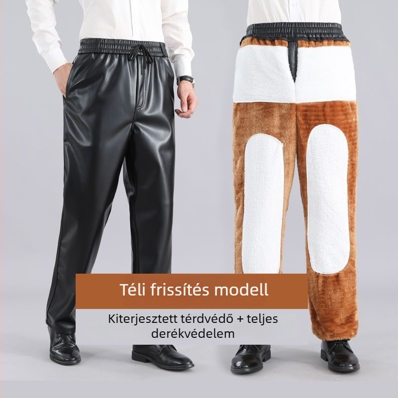 Férfi PU bőr nadrág, egyenes szabású, magas derék, téli vastag modell