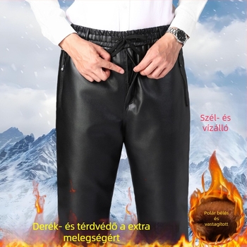 Férfi műbőr nadrág fleece béléssel, vastag, szélálló, meleg és vízálló, kerékpározáshoz és munkához