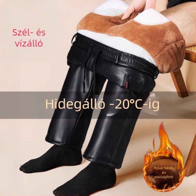 Férfi műbőr nadrág fleece béléssel, vastag, szélálló, meleg és vízálló, kerékpározáshoz és munkához