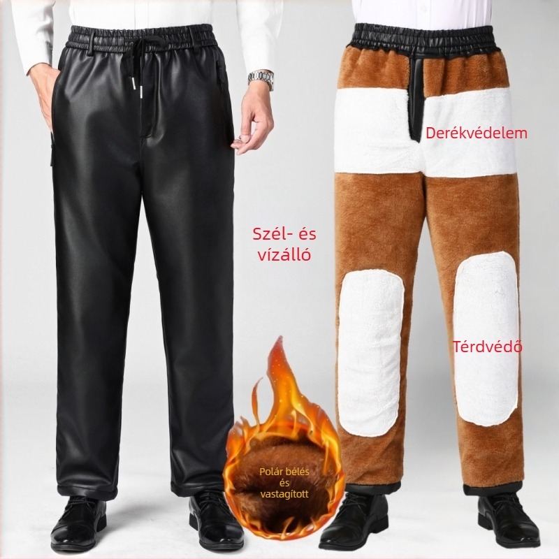 Férfi műbőr nadrág fleece béléssel, vastag, szélálló, meleg és vízálló, kerékpározáshoz és munkához