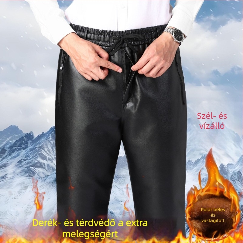Férfi műbőr nadrág fleece béléssel, vastag, szélálló, meleg és vízálló, kerékpározáshoz és munkához