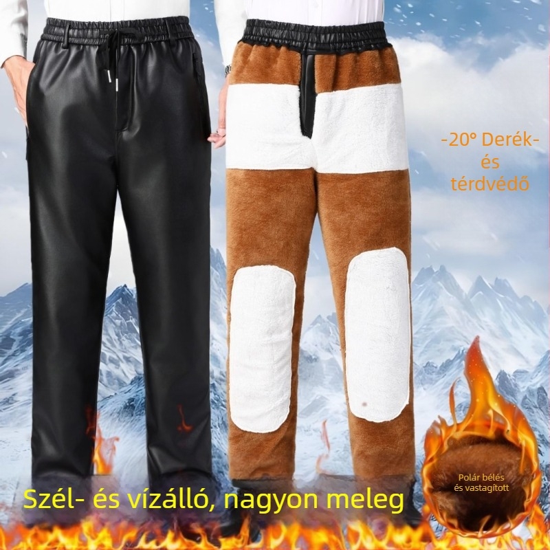 Férfi műbőr nadrág fleece béléssel, vastag, szélálló, meleg és vízálló, kerékpározáshoz és munkához