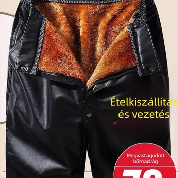 PU bőr nadrág férfiaknak fleece bélelt, szélálló, vízálló, magas derék, egyenes szabás