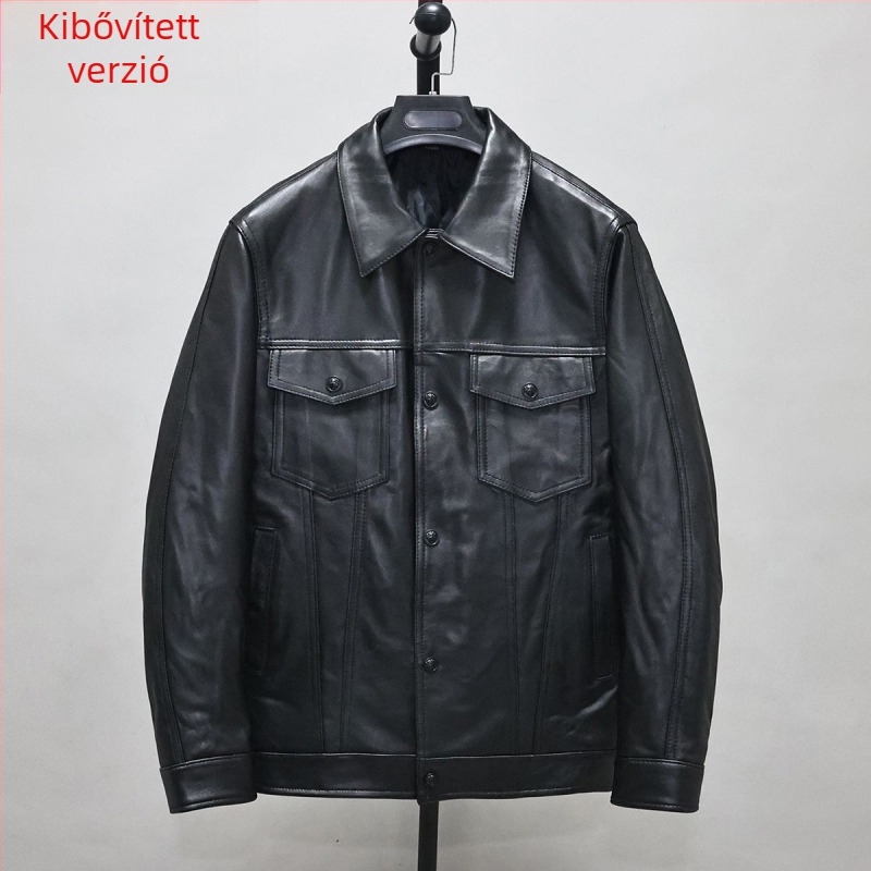 Férfi báránybőrből készült bőrdzseki, karcsúsított szabás, rövid fazon, rever gallér, egysoros zárás