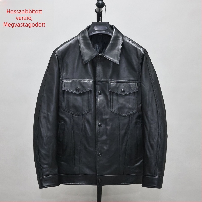 Férfi báránybőrből készült bőrdzseki, karcsúsított szabás, rövid fazon, rever gallér, egysoros zárás