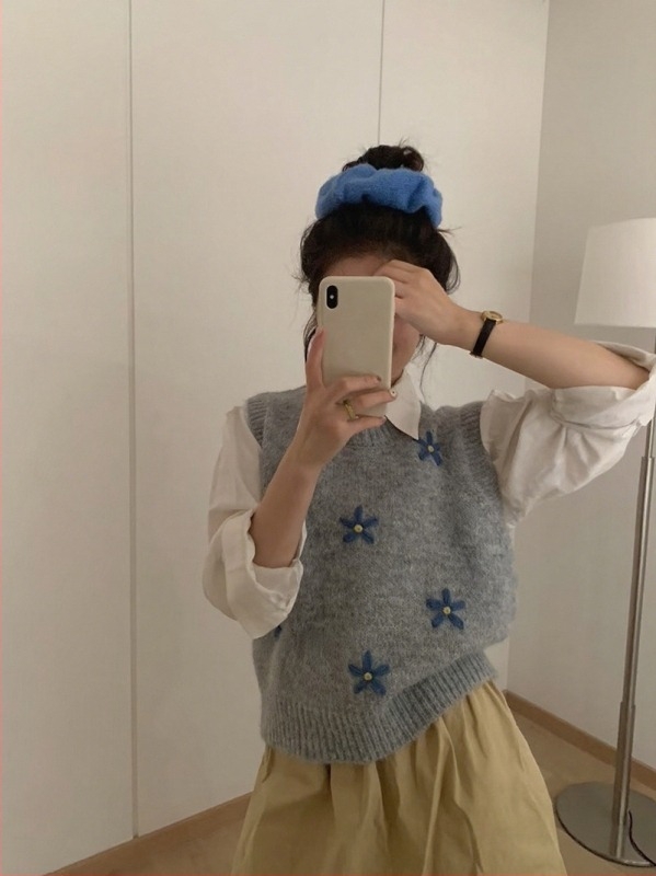 Koreai stílusú női kötött mellény környakú, ujjatlan, növény- és virágmintás, kasmír-poliészter keverék, őszi-téli