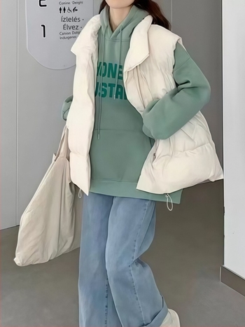 Női poliészter mellény, álló gallérral, cipzár elől, normál hossz, egyszínű minta, poliészter töltet, japán-koreai lezser stílus