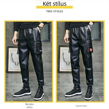 Férfi műbőr motoros nadrág, szűk fazon, téli használatra, poliészter bélés, vintage stílus