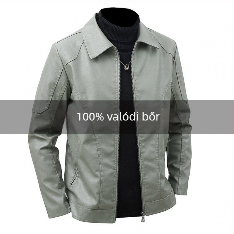 Férfi bőrdzseki - valódi bőr, velúr bélés, rever gallér, cipzáras záródás, hosszú fazon
