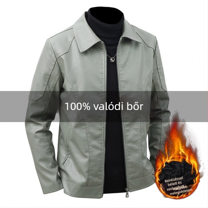 Férfi bőrdzseki - valódi bőr, velúr bélés, rever gallér, cipzáras záródás, hosszú fazon