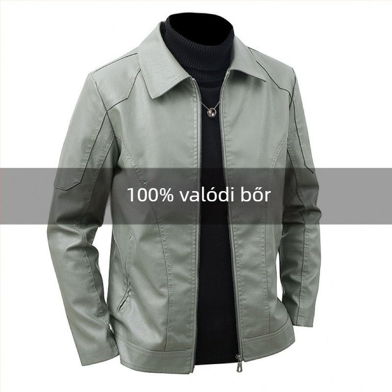 Férfi bőrdzseki - valódi bőr, velúr bélés, rever gallér, cipzáras záródás, hosszú fazon