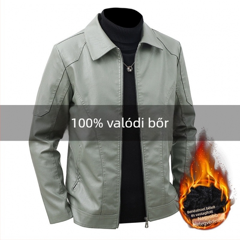 Férfi bőrdzseki - valódi bőr, velúr bélés, rever gallér, cipzáras záródás, hosszú fazon