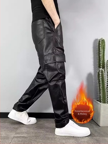 Férfi téli PU bőr nadrág harém szabásban, több zsebbel, munkaruha