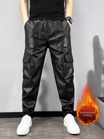 Férfi téli PU bőr nadrág harém szabásban, több zsebbel, munkaruha
