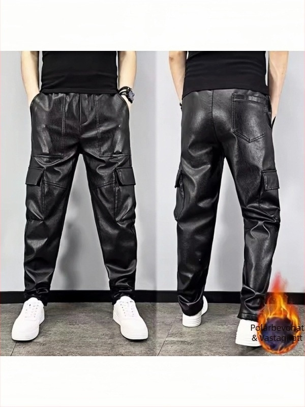 Férfi téli PU bőr nadrág harém szabásban, több zsebbel, munkaruha
