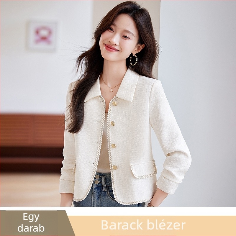 Női rövid zakó reverrel, egyszínű poliészter, 95%+ poliészter, hosszú ujjú, hossz 50–65 cm