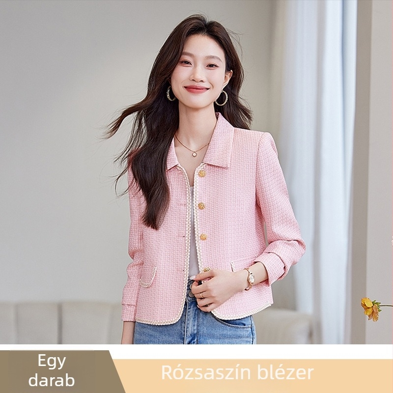 Női rövid zakó reverrel, egyszínű poliészter, 95%+ poliészter, hosszú ujjú, hossz 50–65 cm