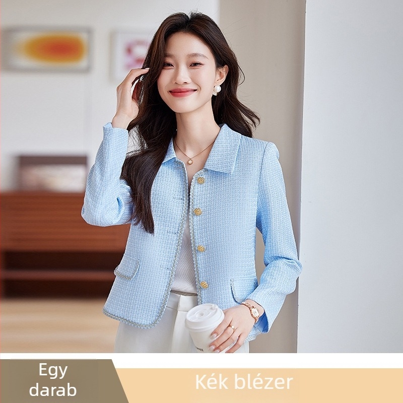 Női rövid zakó reverrel, egyszínű poliészter, 95%+ poliészter, hosszú ujjú, hossz 50–65 cm