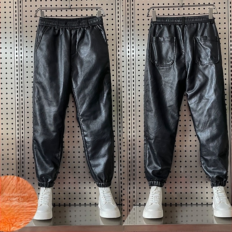 Műbőr nadrág fleece béléssel, téli szélálló, laza szabású