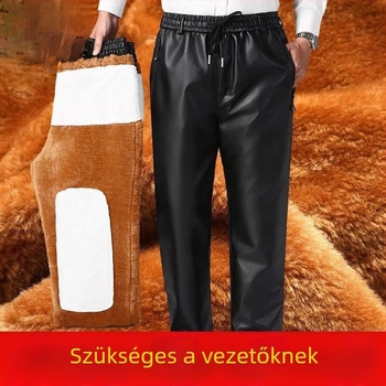 Férfi PU bőrből készült nadrág, vastagított, magas derekú, egyenes szabású, bélés műbőrrel (80%)