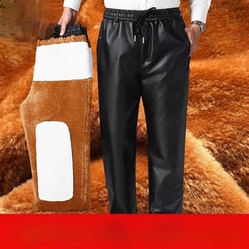 Férfi PU bőrből készült nadrág, vastagított, magas derekú, egyenes szabású, bélés műbőrrel (80%)