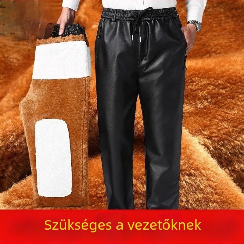 Férfi PU bőrből készült nadrág, vastagított, magas derekú, egyenes szabású, bélés műbőrrel (80%)