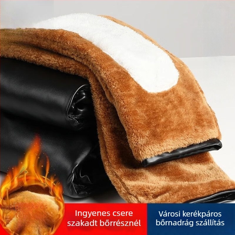 Férfi PU bőrből készült nadrág, vastagított, magas derekú, egyenes szabású, bélés műbőrrel (80%)