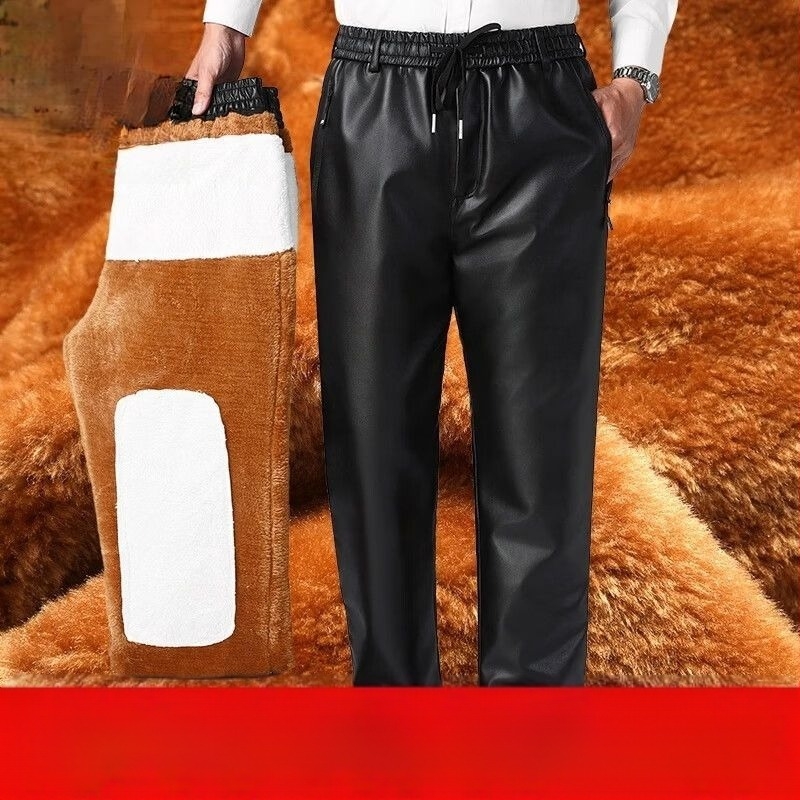 Férfi PU bőrből készült nadrág, vastagított, magas derekú, egyenes szabású, bélés műbőrrel (80%)