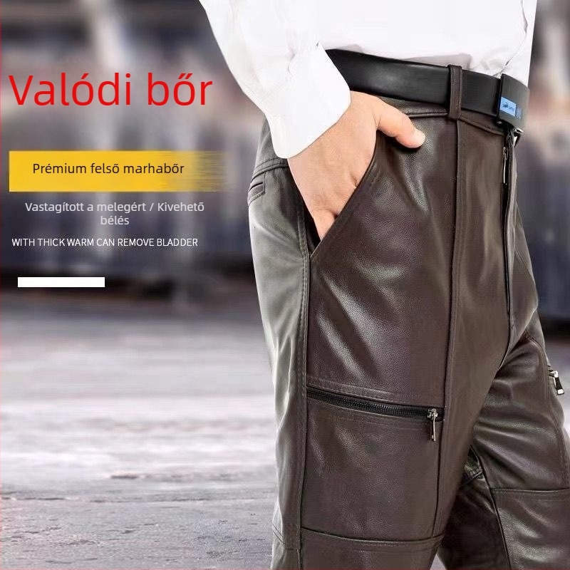 Férfi bőrnadrág első réteg marhabőrből, szélálló, meleg, vízálló, magas derék, egyenes szár, motoros stílus, megerősített kialakítás, laza szabás