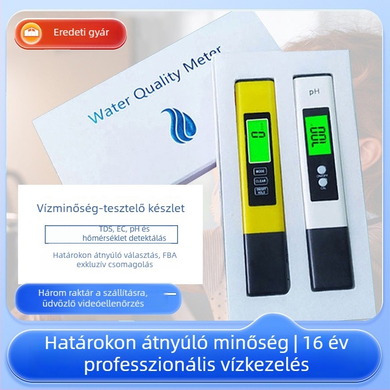 Hordozható vízminőség-elemző – pH/EC/TDS mérő készlet (modell tds&ec&ph-2); mérési tartományok: pH 0–14, EC 0–9990 µS/cm, TDS 0–9990 mg/L; pontosság pH ±0.05, EC ±2%, TDS ±2%