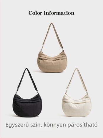 Nylonból készült crossbody dumpling táska, városi egyszerű stílus, cipzáros nyitás, belső cipzáras zseb és dokumentumzseb